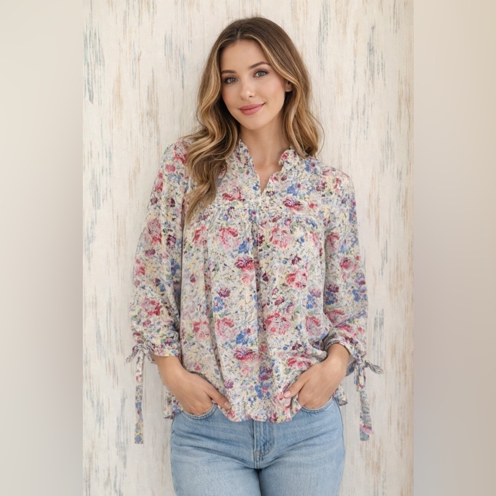 Warm 100% Silk Floral Mystic Rainbow Pleated Cropped Boho Blouse Size 0 Xs